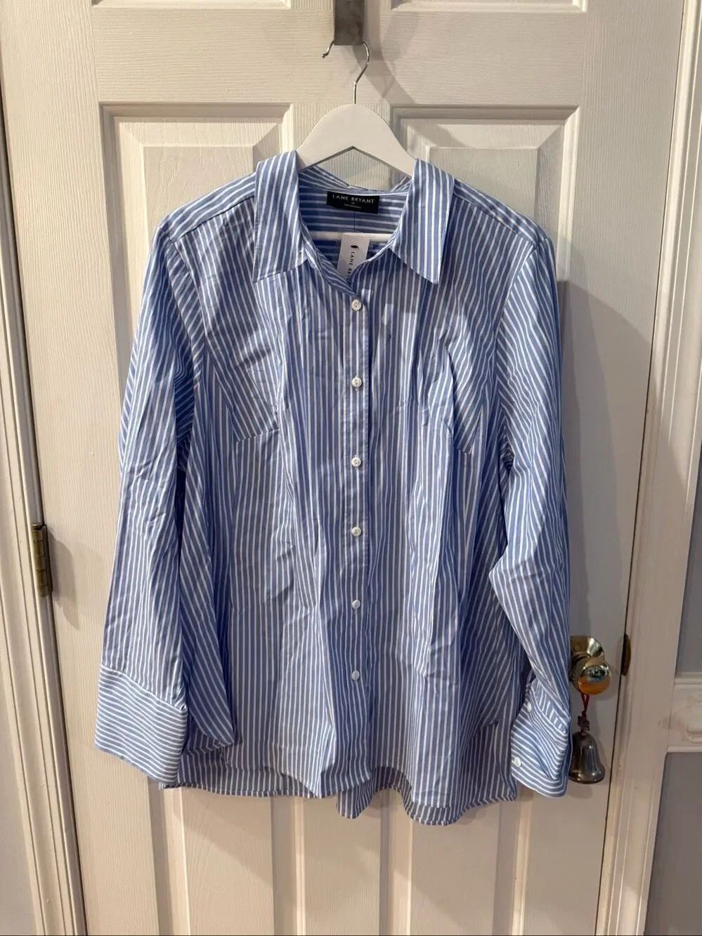 Lane Bryant Blue & White Stripe Wide Cuff Button Down Shirt sz 20 NWT